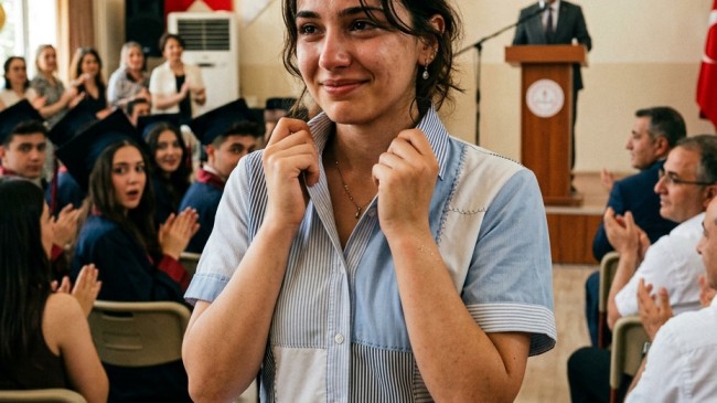 Babasının eski gömleklerinden mezuniyet elbisesi dikti, herkes ‘Paspas’ diye gülerken müdürün sözleri salonu mezarlığa çevirdi!