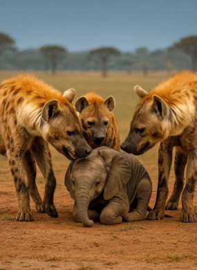 Bir grup sırtlan küçük ve çaresiz bir bebek filin etrafını sardı