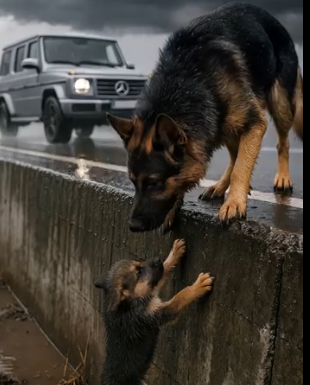 yaralı yavrusuna yardım etmeye çalışan bir Alman Çoban Köpeği anne