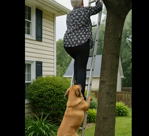 Ağaç dallarını kesmek için merdivene tırmanırken köpeğim dişleriyle