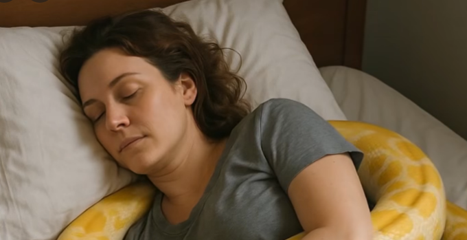 Genç bir kadın Dev Piton Yılanıyla