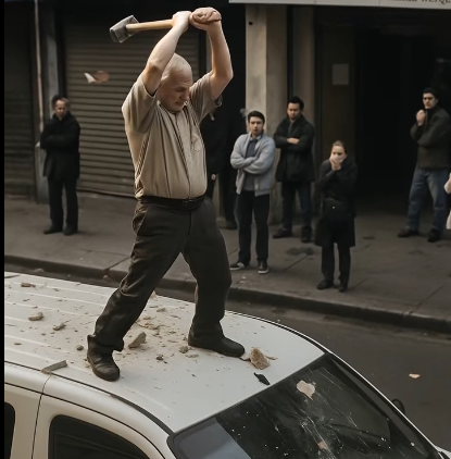 Bir Adam Arabanın Üzerinde Duruyor, Çekiçle Vuruyor: Polis Geldiğinde Nedeni Şaşkınlık Yarattı