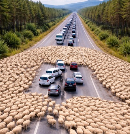 Otoyolda, sürücüler hiç beklemedikleri bir manzaraya tanık oldular