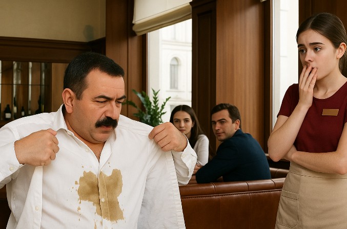 Restoran sahibi, dirseğiyle bardağa çarparak kahveyi kendi gömleğine döktüğü halde garsona bağırdı ve hakaret etti. Ama garsonun cevabından sonra restorandaki herkes tamamen şok oldu