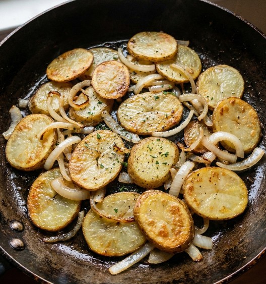 Basit Tavada Kızarmış Patates, Tatlı Soğanlı